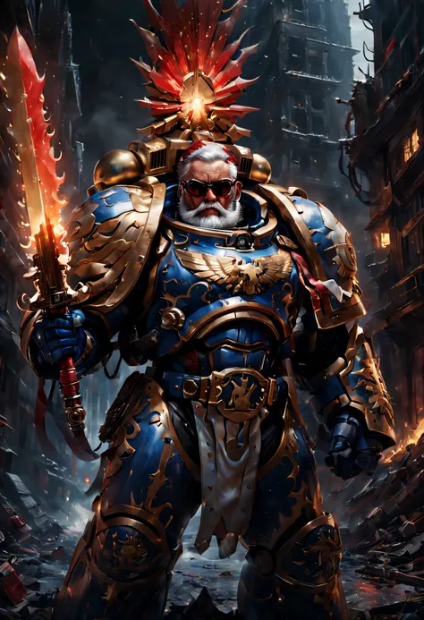 Warhammer 40K universe，Knight Armor Santa Claulue gold armor mechanical suit，Red Santa hat，shiny red sunglasseierce war environment，Armed with a flaming sword，Destroyed buildings and flames，The background is a futuristic cityscape，severe and threatening at...