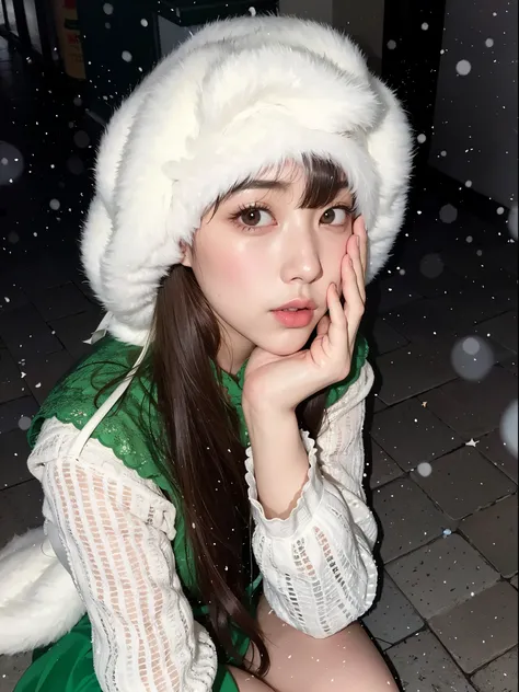 Chica araffe con sombrero blanco y vestido verde sentada en un banco, ulzzang, Sakimichan, Chiho, dilraba dilmurat, Lalisa Manobal, Es shinsui, pale snow white skin, Shikamimi, Hermosa Delphine, en la nieve, foto de perfil, Shiori Teshirogi