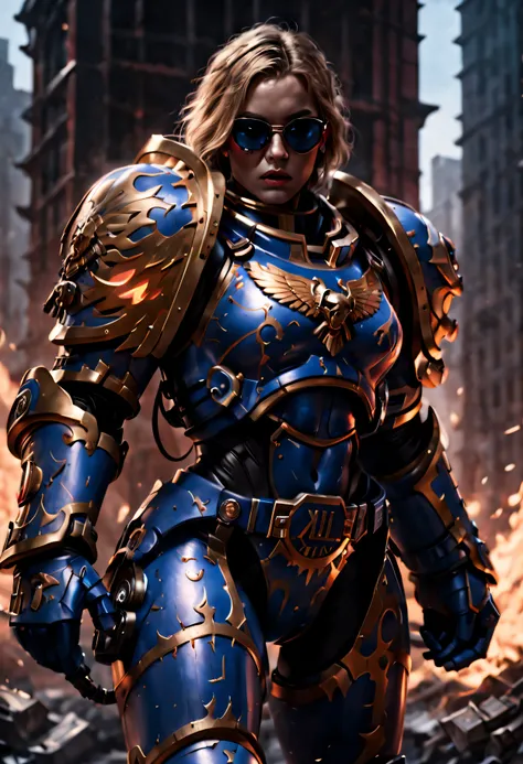 warhammer 40k universe，knight armor girl，blue gold armor mechanical suit，shiny red sunglasseierce war environment，armed with a f...