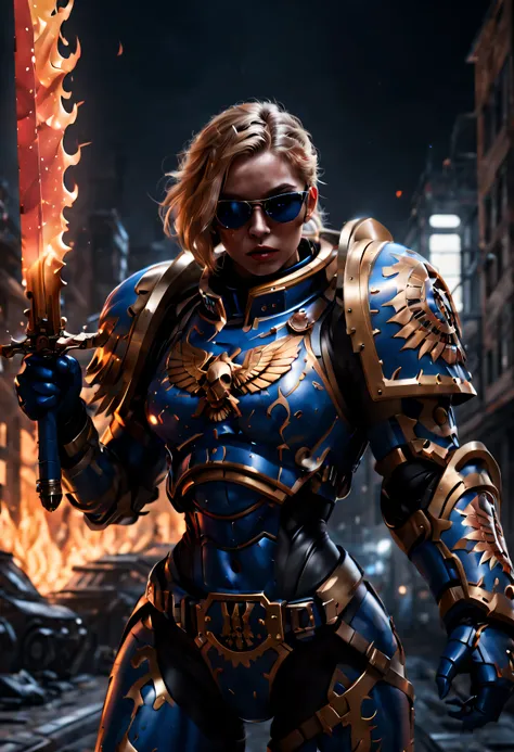 warhammer 40k universe，knight armor girl，blue gold armor mechanical suit，shiny red sunglasseierce war environment，armed with a f...