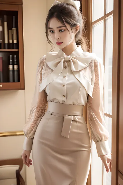 Features a taupe two-piece outfit, dot線, Long-sleeved blouse with a bow-knotted ruffled collar and buttoned cuffs, create a delicate look, Paired with a fitted cream pencil skirt with a band that defines the waist, Provides a smooth contrast with textured ...