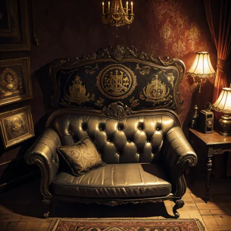 really nice chair,drug den,illustration,ultra-detailed,overstuffed,[dark and mysterious] atmosphere,[velvet upholstered],[intricate carved wood],dimly lit room,smoke-filled air,[golden accents],intense shadows,vivid colors,worn-out armrests, gothicized/emo...