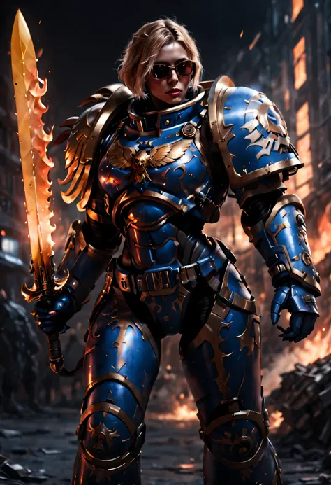 warhammer 40k universe，knight armor girl，blue gold armor mechanical suit，shiny red sunglasseierce war environment，armed with a f...