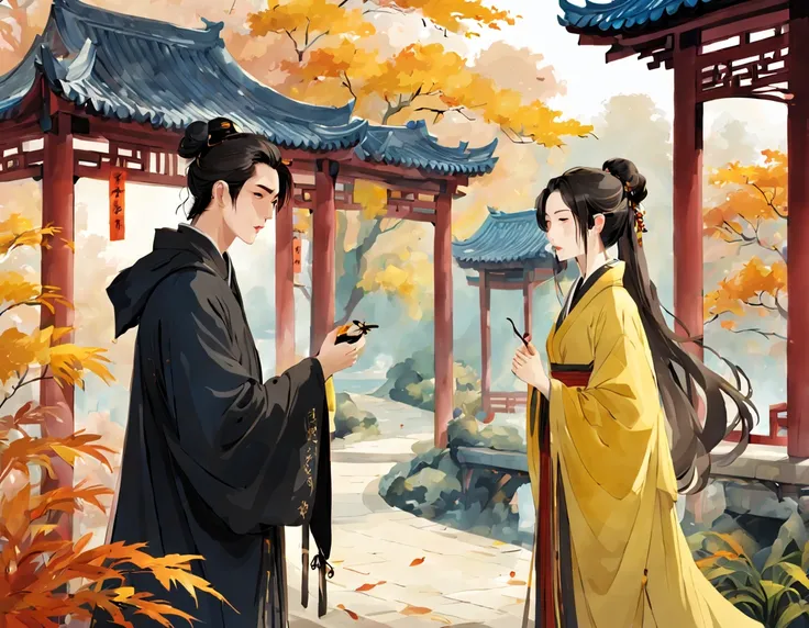 ancient china, Jiangnan garden, autumn, a pavillion, under the pavillion there is a young man wearing black cloak with hood, he is holding a beautiful chinese hair pin in his hand, there is one girl standing a few step away from the man, she is wearing a f...