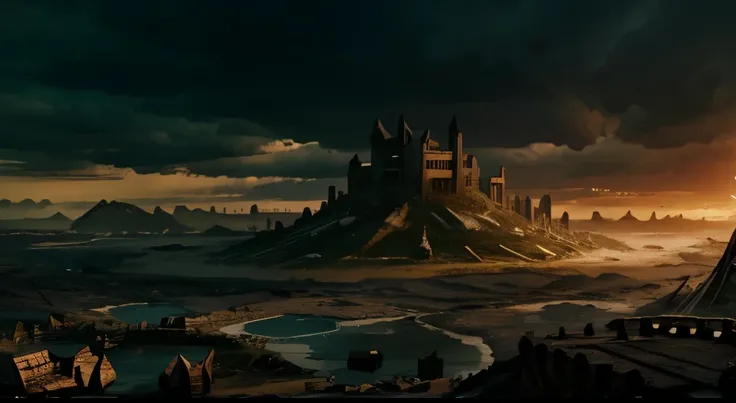 devasted landscape, medieval, fantasy, queen of the End of the World, devastated city with dragon