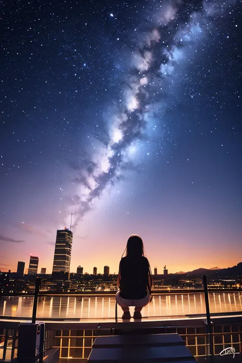 octans, sky, star (sky), scenery, starry sky, night, 1girl, night sky, solo, outdoors, signature, building, cloud, milky way, sitting, tree, long hair, city, silhouette, cityscape