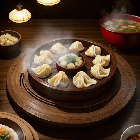 super high quality, 8k, RAW photo, realistic, many kinds of dumplings on a round table, steam, Chinese restaurant, professional lighting