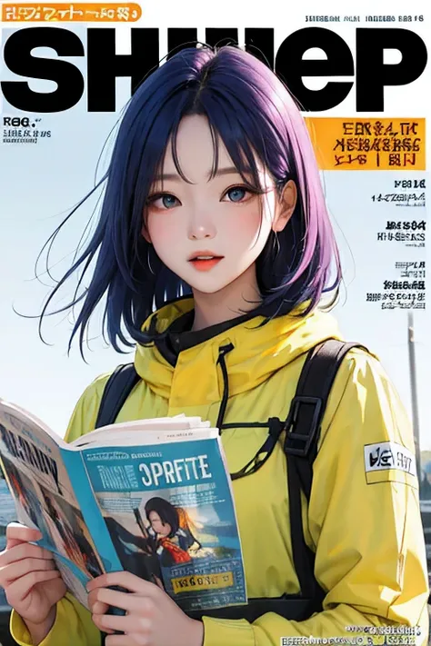 masterpiece, best quality, spring clothes, colored hair, outdoor, magazine cover, upper body, shopee