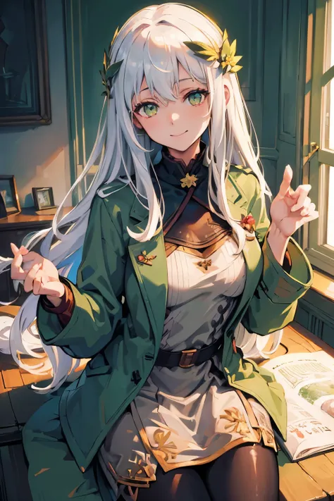 (best quality:1.3), (masterpiece:1.3), (illustration:1.3), (ultra-detailed:1.3), (imid shot:0.9), 1girl, ((white hair)), medium breasts, ((green eyes)), light smile, coat, tall, mature, long hair, hair ornaments, indoors, pantyhose, green sweater, open whi...