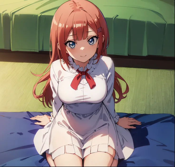 ((masutepiece)), ((Best Quality)), (Ultra-detailed), Anime style, look down from above, on the bed, Cute little girl s, 1girl in, Solo, underwear00, ((Beautiful eyes)), large full breasts, Smile