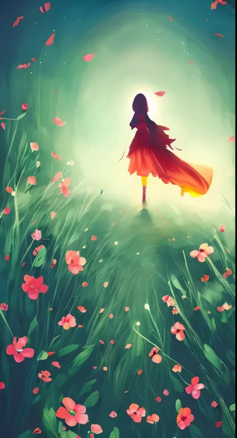 a woman in a red dress is walking through a field of flowers, a beautiful artwork chalk illustration, beautiful digital illustra...