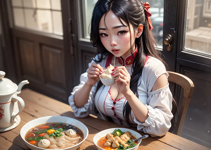 Beautiful Chinese woman eating soup dumplings --auto --s2