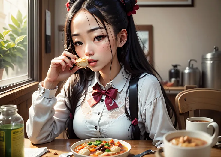 Beautiful Chinese woman eating soup dumplings --auto --s2