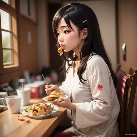 Beautiful Japanese woman eating fried gyoza --auto --s2