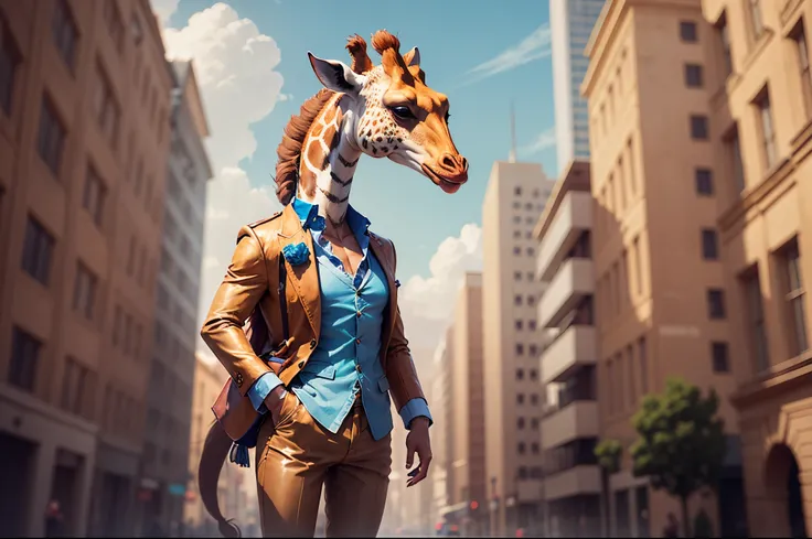 A whimsical image captures the essence of elegance as a giraffe confidently stands tall in a dapper suit, showcasing its fashionable style in a stunning Pixar 3D rendition --auto --s2