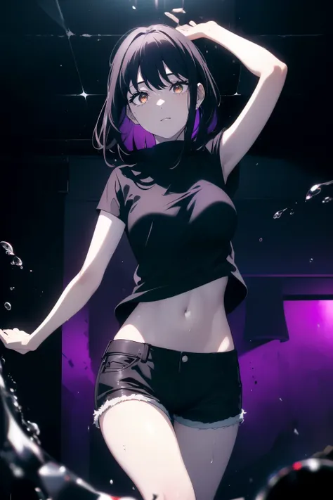 ((((Obra maestra, La mejor calidad, ultrahigh resolution)))), 1girl, happy, ((standing in a club waiting for someone)), (black t-shirt, jean shorts, black hair, long dark black hair), pale skin, ((brown eyes)), (glowing_eyes), (ultra detailed eyes:0.7, bea...