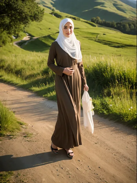 middle eastern girl, hijab, gamis, mountain