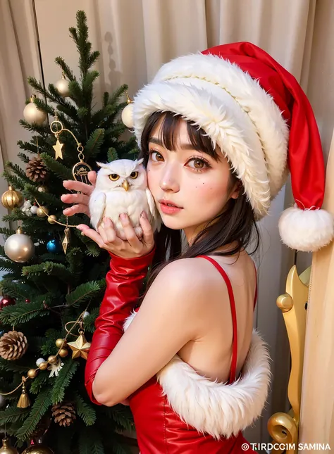 Araffe woman in Santa hat holding a white owl in front of a Christmas tree, Hermosa Delphine, dilraba dilmurat, Sakimichan, Lalisa Manobal, Usando sombrero de Santa Claus, Usando un sombrero de Santa Claus, muy hermosa linda catgirl, with a cute fluffy owl...