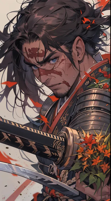 Male samurai, 30 years old, perfect body, large muscles, slightly hairy, black hair, six pack, body full of wounds, sweaty, tanned skin, dirt, wearing old red and black traditional Japanese armor, Holding a katana, in the middle of the battlefield, Shikoku...