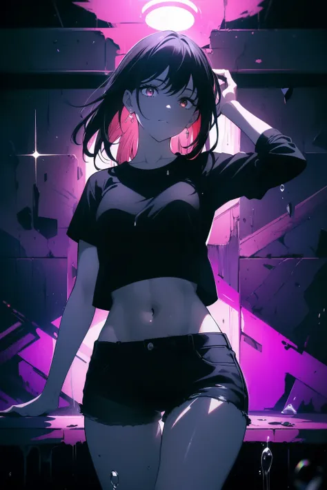 ((((Obra maestra, La mejor calidad, ultrahigh resolution)))), 1girl, happy, ((standing in a club waiting for someone)), (black t-shirt, jean shorts, black hair, long dark black hair), pale skin, ((brown eyes)), (glowing_eyes), (ultra detailed eyes:0.7, bea...