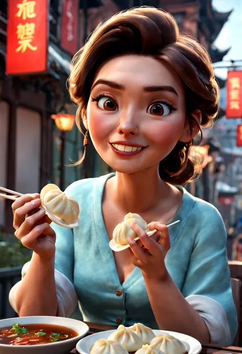 Pixar style, eating dumplings