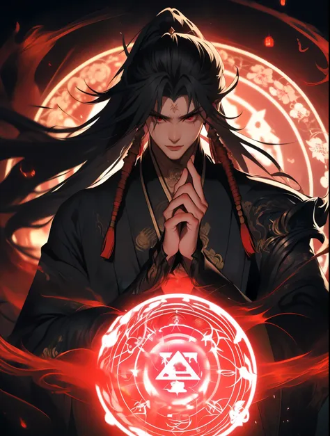 ffxianxiaff, 1boy, male focus, solo, black hair, red eyes, japanese clothes, magic circle, tattoo, looking at viewer, kimono, up...