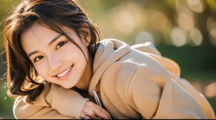 (masterpiece, best quality:1.4), (8k, raw photo, photo realistic:1.2), (shiny skin), detailed skin, detailed face, detailed eyes, 8k portrait, smiling Japanese woman, 25 years old, Brown eyes , (), Brown sweatpants and hoodies, Brown Long curl hair, picnic...