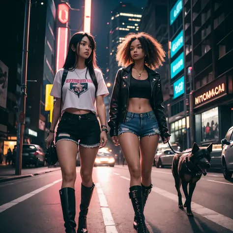 Create a cyberpunk aesthetic photo of a mixed race blasian brown woman with long curly blonde and black hair wearing black ripped jean shorts and leg holster with black boots, and a pink shirt.  She&#39;s in a futuristic cyberpunk city, high tech low life ...