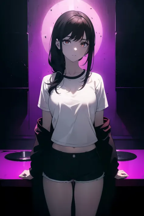 ((((Obra maestra, La mejor calidad, ultrahigh resolution)))), 1girl, happy:1.5, ((standing in a club waiting for someone)), (white t-shirt, jean shorts), ((long black hair, long dark black hair)), pale skin, ((brown eyes)), (glowing_eyes), (ultra detailed ...