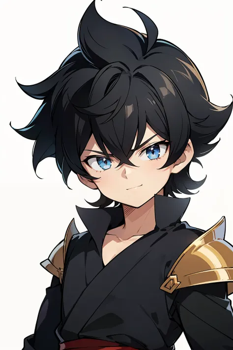 (high-quality, breathtaking),(expressive eyes, perfect face) portrait, 1boy, male, solo, young kid, child, black hair, blue coloured eyes, stylised hair, gentle smile, medium length hair, loose hair, side bangs, curley hair, really spiky hair, spiked up ha...
