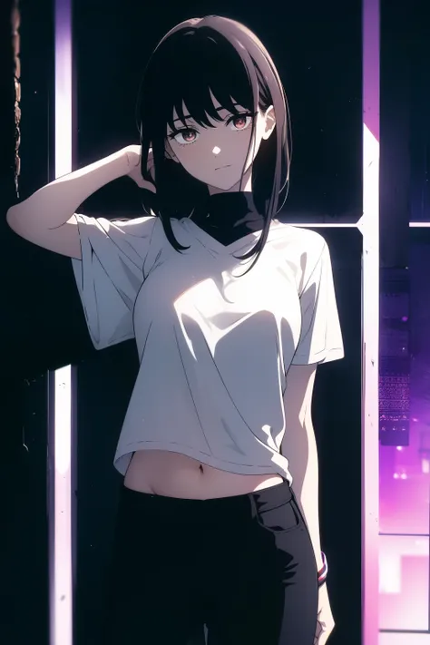 ((((Obra maestra, La mejor calidad, ultrahigh resolution)))), 1girl, happy:1.5, ((standing in a club waiting for someone)), (white t-shirt, jean shorts), (long black hair, long dark black hair), pale skin, ((brown eyes)), (glowing_eyes), (ultra detailed ey...