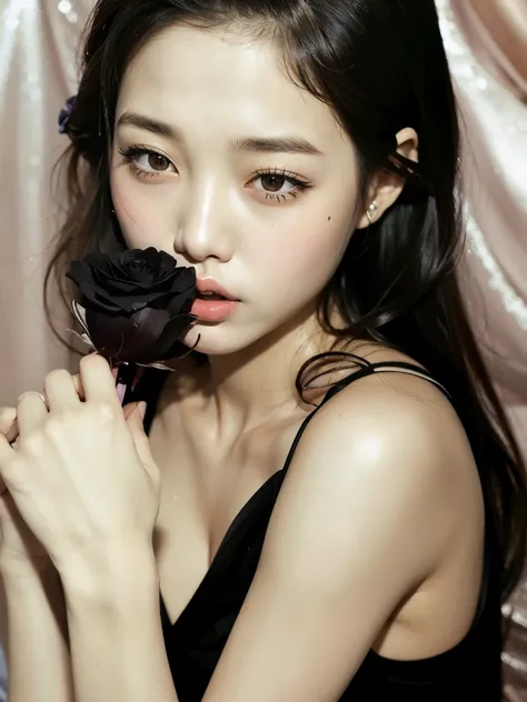 mujer arafed con una rosa en la boca y un vestido negro., blackpink jennie, jinyoung shin, gongbi, linda actriz coreana, jossi d...