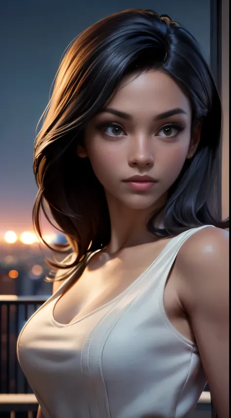 photo of Zoe Saldaña, RAW, beautiful woman, ((portrait)), ((detailed face:1.2)), ((detailed facial feature, detailed dark skin, clear skin), (perfect proportioned body), (wearing a colorful dress) (high detailed city environment, apartment balcony), (reali...