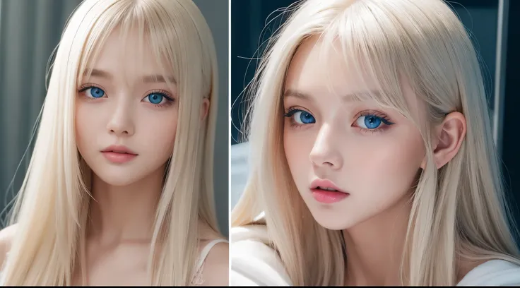 Silky platinum blonde fine hair、Super Long Straight Hair、Bangs on face and eyeig light sea blue eyes、Transparent white wet pajamas、Nordic youth、perfect body figure、white and beautiful skin、Glossy glossy skin、Young and beautiful skin、Perfect and beautiful l...