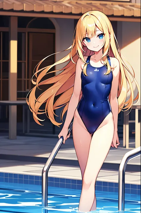 ((4k、8k、top-quality、perfect fingers: 1.3、perfect anatomia: 1.3、Background blur))、((14years、a junior high school student、small tits 、cute big droopy eyes、stright long hair、a beautiful slender girl、a blond、A smile))、（onepiece swimsuit）、Full-body angle、school...