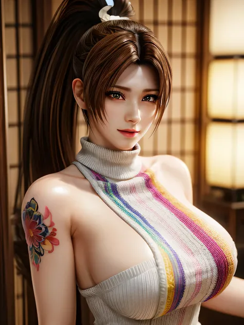 1个Giant Breast Girl,Autumn Cool Dance, mai shiranui, Parted bangs, a matural female, high ponytails,Glossy glossy skin,Vibrant rainbow color scheme art; Su embroidery craft; knitted sweater ripped dress,jewely,(fashionably_Tattooed with:1),(gigantic cleava...