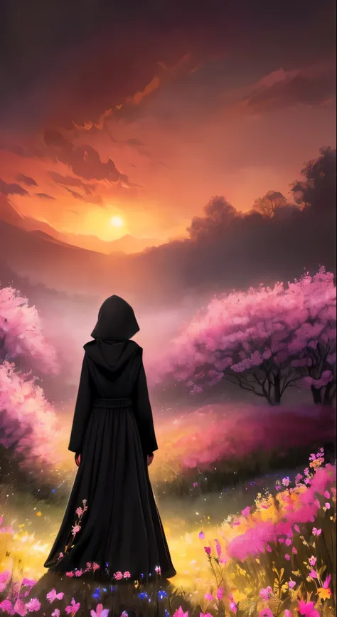 best quality, masterpiece, beautiful wild and natural fantasy landscape with glowing lights, (((solo black girl in a red hooded dress is walking through a field of flowers))), ((dark skin)), beautiful, chalk illustration, inspired by Jakub Schikaneder, ver...