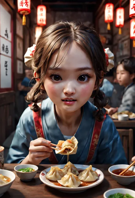 a cute girl eating Chinese wontons, Gyoza, jiaozi, Dumplings, octane render, enhance, intricate, (masterpiece, Representative work, official art, Professional, unity 8k wallpaper:1.3)