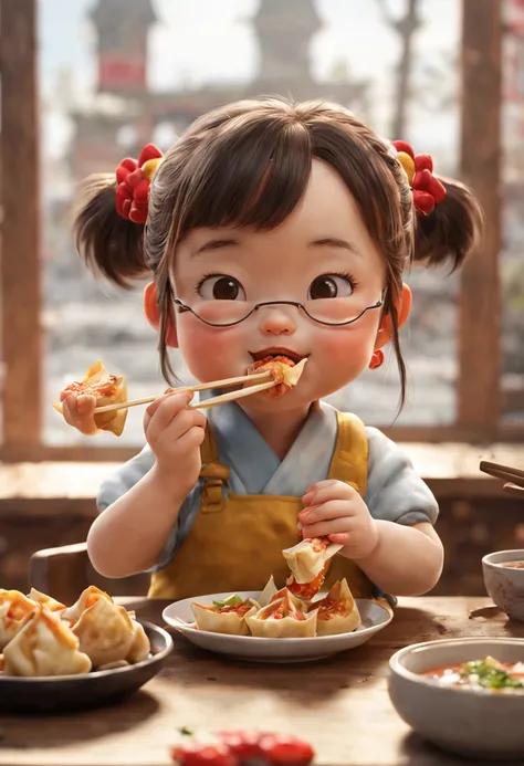 by Richard Scarry, cute girl eating Chinese wontons, Gyoza, jiaozi, Dumplings, octane render, enhance, intricate, (masterpiece, Representative work, official art, Professional, unity 8k wallpaper:1.3)