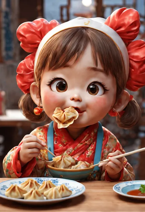 by Richard Scarry, cute girl eating Chinese wontons, Gyoza, jiaozi, Dumplings, octane render, enhance, intricate, (masterpiece, Representative work, official art, Professional, unity 8k wallpaper:1.3)