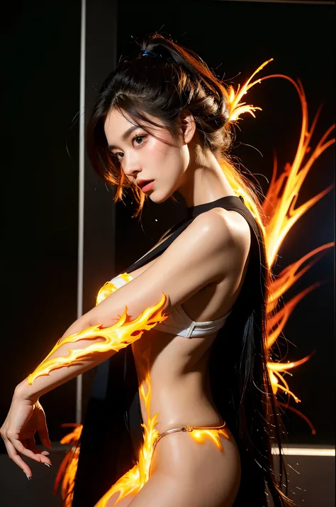 realistic portrayal, Broken glass effect, vibrant flame, Ethereal sparks, captivating coloration, A fierce yet elegant woman, Strong gaze, Elegant and fiery long hair, Dynamic aerial pose, Broken environment,  Confusion background, cinematic backlighting, ...