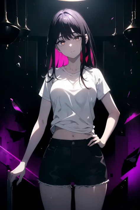 ((((Obra maestra, La mejor calidad, ultrahigh resolution)))), 1girl, happy expression on face:1.5, ((standing in a club waiting for someone)), (white t-shirt, jean shorts), (long black hair, long dark black hair), pale skin, ((brown eyes)), (glowing_eyes),...