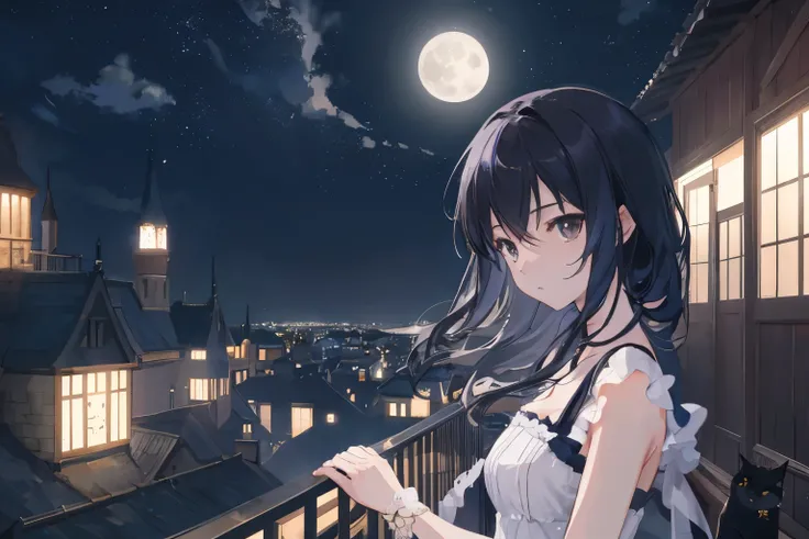 Create exquisite illustrations reminiscent of Makoto Shinkais style, It has ultra-fine details and top-notch quality. Generates a high-quality illustration depicting the silhouette of a girl and a black cat walking on a rooftop with the night sky and full ...