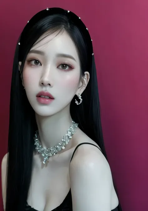 araffe asian woman with long black hair wearing a necklace and earrings, pale porcelain white skin, ulzzang, popular south korean makeup, portrait of jossi of blackpink, pale milky white porcelain skin, realistic. cheng yi, popular korean makeup, cruel kor...