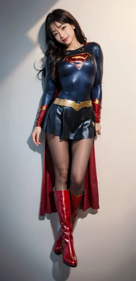 No background、Suffering、Hung、Are sleeping、lying back on、(((Wear black tights on your beautiful legs.)))、(((Grow legs、tall、Legally express the beauty of your smile)))、((((Make the most of the original image)))、(((Supergirl Costume)))、(((beautiful hairl)))、(...