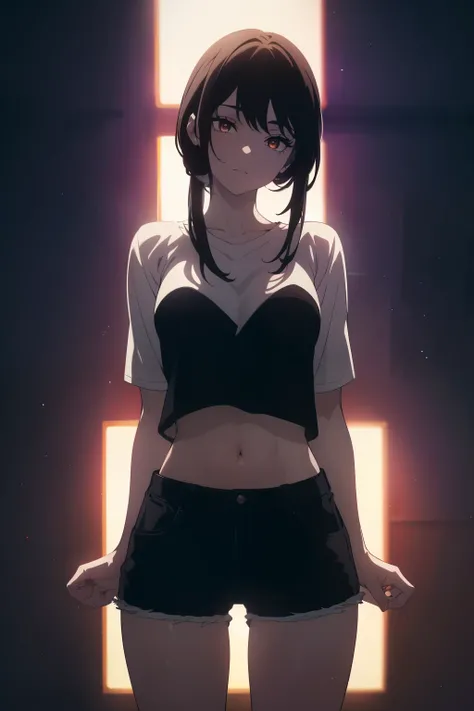 ((((Obra maestra, La mejor calidad, ultrahigh resolution)))), 1girl, happy expression on face:1.5, ((standing in a club waiting for someone)), (white t-shirt, jean shorts), (long black hair, long dark black hair), pale skin, ((brown eyes)), (glowing_eyes),...