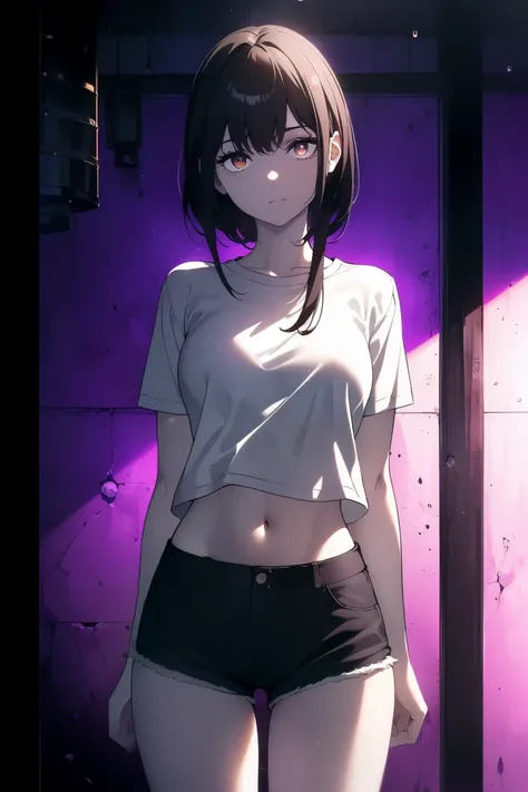 ((((Obra maestra, La mejor calidad, ultrahigh resolution)))), 1girl, happy expression on face:1.5, ((standing in a club waiting for someone)), (white t-shirt, jean shorts), (long black hair, long dark black hair), pale skin, ((brown eyes)), (glowing_eyes),...