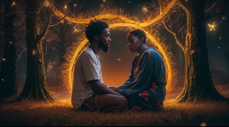 photorealistic, African American couple, meditating, beautiful, dark skin, (Best quality, 8k, 32k, Masterpiece, UHD), 32K wallpaper, romantic forest background, nighttime, neon fireflies neon butterflies, night time