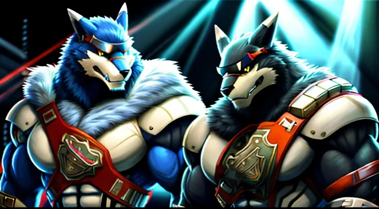 machgaogamon digimon、hyper huge muscle、hyper hugeerectionpenis、knot、gold eyes、champion belt、duo、black fur、blue fur