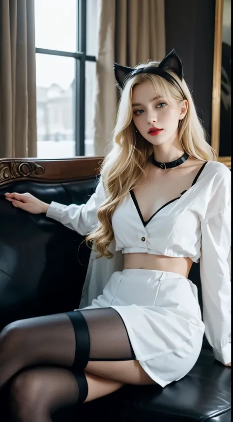 1 European and American vampire beauties:Imperial sister，domineering side leak，enchanting，Beauty model，，being thin，Skin is snow-white and smooth，curlies，combed blonde hair，The legs are slender，Wear black stockings on the legs，Penetrating white shirt(Short ...